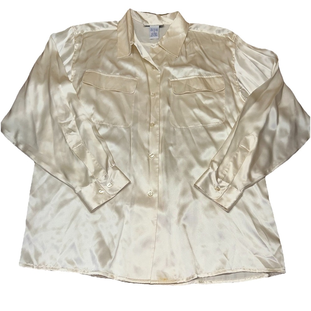 Vintage Anna And Frank Womens Shirt Button Up 100% Silk‎ Cream Small Blouse FLAW